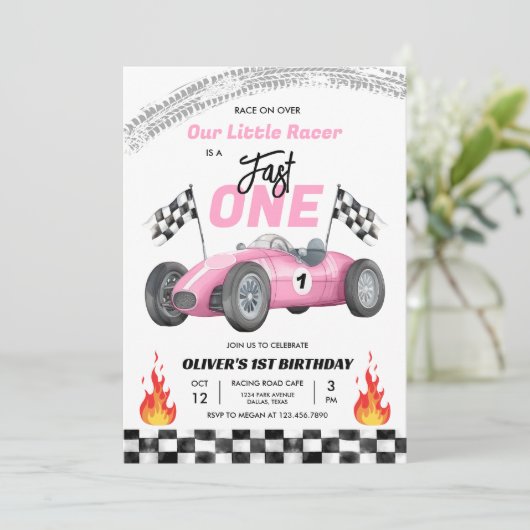 Fast One Pink Race Car 1st Birthday Racing Girl Kaart (Staand voorkant)