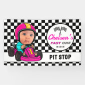Fast ONE | Pink Race Car Driver Pit Stop Birthday Spandoek (Horizontaal)