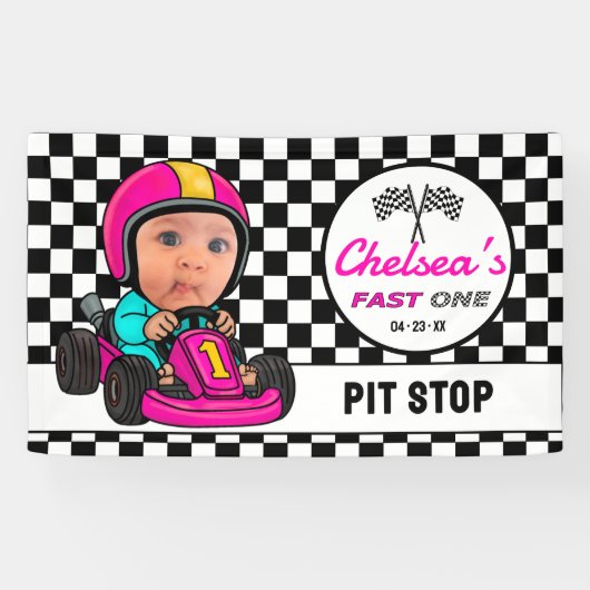 Fast ONE | Pink Race Car Driver Pit Stop Birthday Spandoek (Horizontaal)
