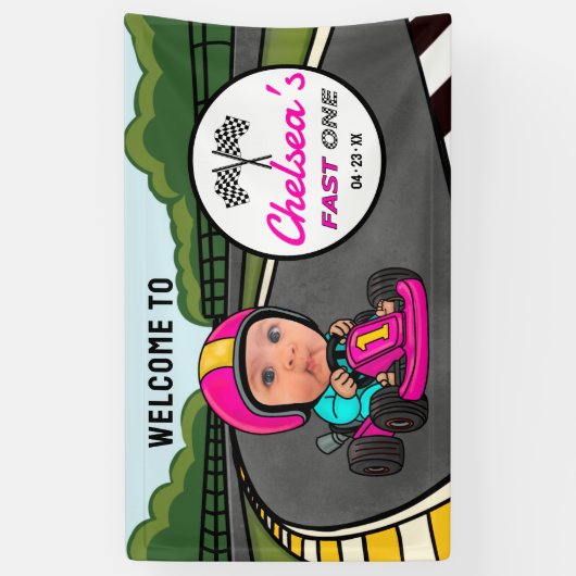 Fast ONE | Pink Race Car Driver Welcome Birthday Spandoek (Verticaal)