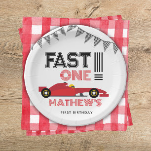 Fast One Race Auto 1e Jongen Verjaardagsfeest Papieren Bordje