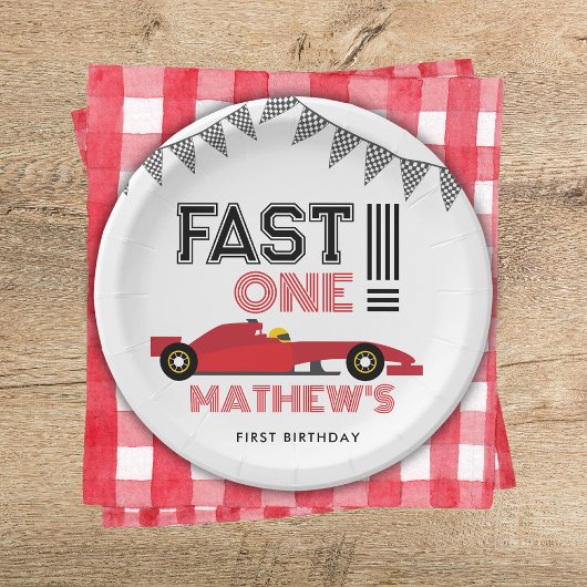 Fast One Race Auto 1e Jongen Verjaardagsfeest Papieren Bordje