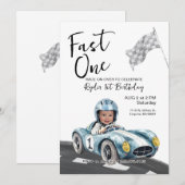 Fast One Race Auto 1e verjaardag foto uitnodiging (Voorkant / Achterkant)