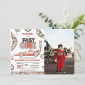 Fast One Race Auto 1e Verjaardag Party Foto Kaart (Staand voorkant)