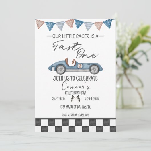 Fast One Race Auto First Birthday Invite Kaart (Staand voorkant)