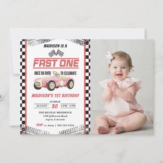 Fast One Race Auto Meisje 1e Verjaardag Party Foto Kaart (Voorkant)