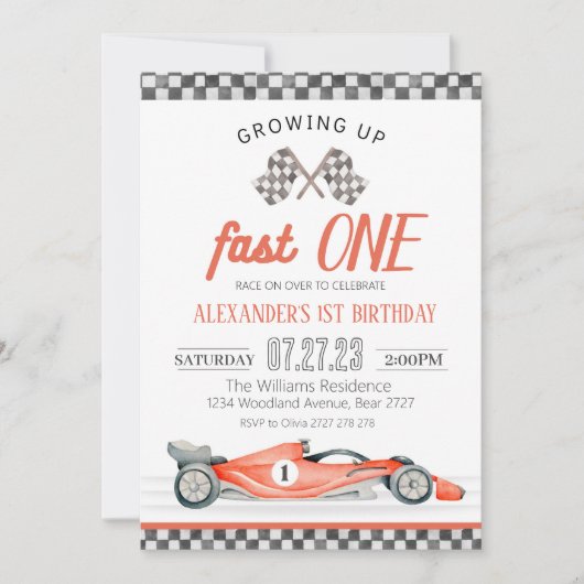 Fast One Race Car 1st Birthday Invitation Race Kaart (Voorkant)