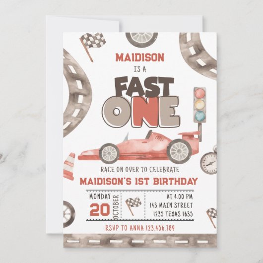 Fast One Race Car 1st Birthday Kaart