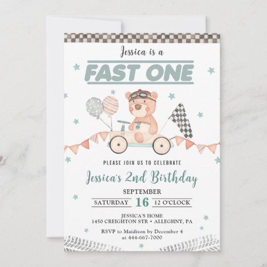 Fast One Race Car 1st Birthday Party Kaart (Voorkant)