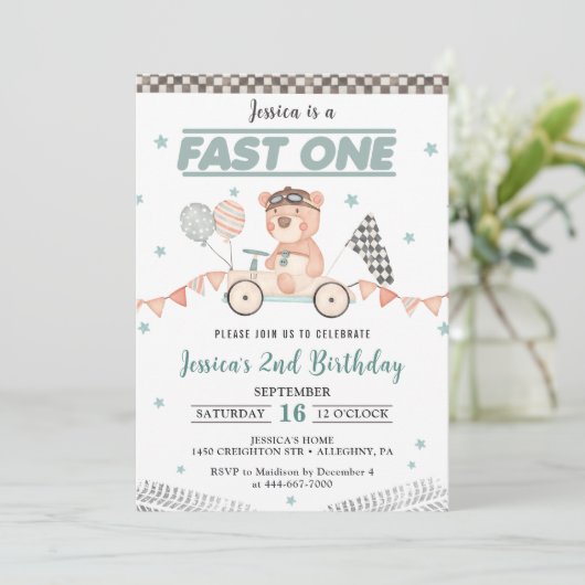 Fast One Race Car 1st Birthday Party Kaart (Staand voorkant)
