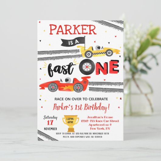 Fast One Race Car 1st Birthday Party-uitnodigingen Kaart (Staand voorkant)