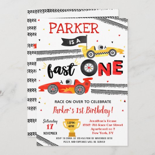 Fast One Race Car 1st Birthday Party-uitnodigingen Kaart (Voorkant / Achterkant)