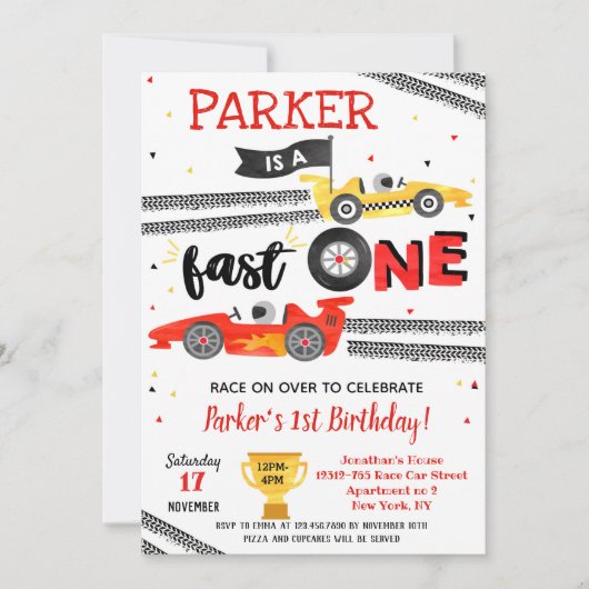 Fast One Race Car 1st Birthday Party-uitnodigingen Kaart (Voorkant)