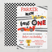 Fast One Race Car 1st Birthday Party-uitnodigingen Kaart (Voorkant / Achterkant)