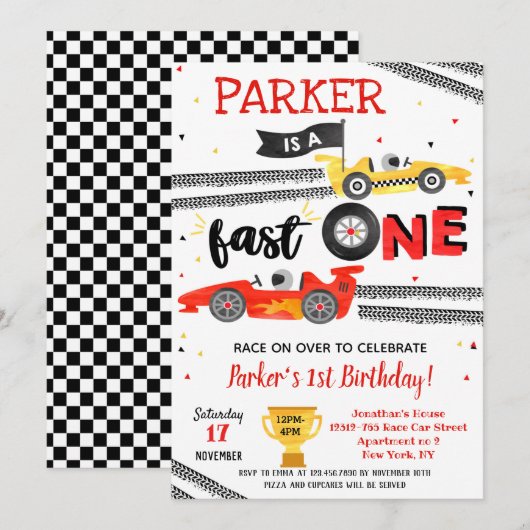 Fast One Race Car 1st Birthday Party-uitnodigingen Kaart (Voorkant / Achterkant)