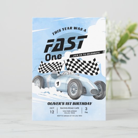 Fast One Race Car 1st Birthday Racing Boy Kaart (Staand voorkant)