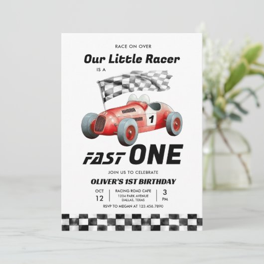 Fast One Race Car 1st Birthday Racing Boy Kaart (Staand voorkant)