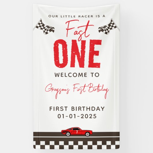Fast One Race Car 1st Birthday Spandoek (Verticaal)