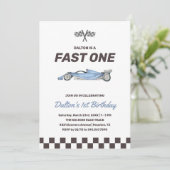Fast One Race Car 1st Boy's Birthday Party Kaart (Staand voorkant)