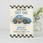 Fast One Race Car Birthday Party Kaart (Staand voorkant)