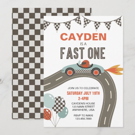Fast One Race Car Birthday-uitnodiging Kaart (Voorkant / Achterkant)