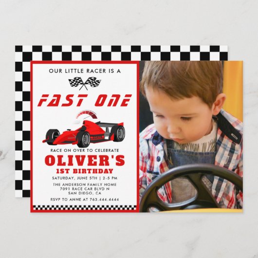 Fast One Race Car Boy 1e foto Verjaardagsfeestje Kaart (Voorkant / Achterkant)