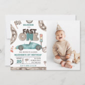Fast One Race Car Boy 1e Verjaardag Party Foto Kaart (Voorkant)