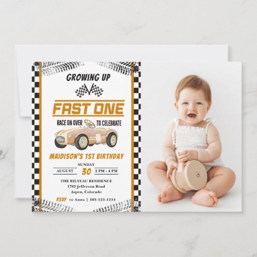 Fast One Race Car Boy 1e Verjaardag Party Foto Kaart (Voorkant)