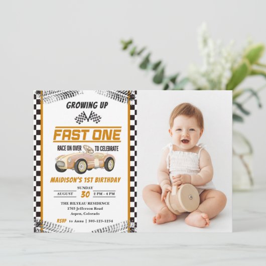 Fast One Race Car Boy 1e Verjaardag Party Foto Kaart (Staand voorkant)