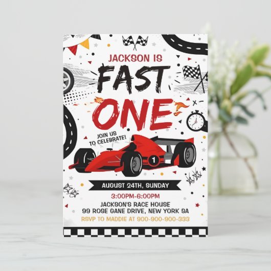 Fast One Race Car Boy 1e Verjaardag uitnodiging (Staand voorkant)