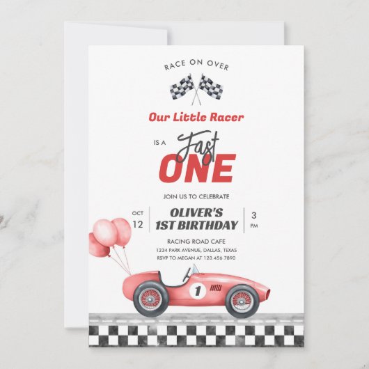 Fast One Race Car Boy 1st Birthday Invitation Kaart (Voorkant)