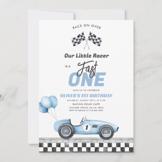Fast One Race Car Boy 1st Birthday Invitation Kaart (Voorkant)