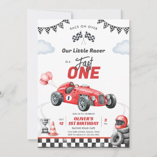 Fast One Race Car Boy 1st Birthday Invitation Kaart (Voorkant)