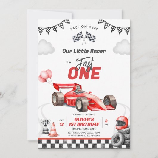 Fast One Race Car Boy 1st Birthday Invitation Kaart (Voorkant)