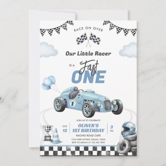 Fast One Race Car Boy 1st Birthday Invitation Kaart (Voorkant)