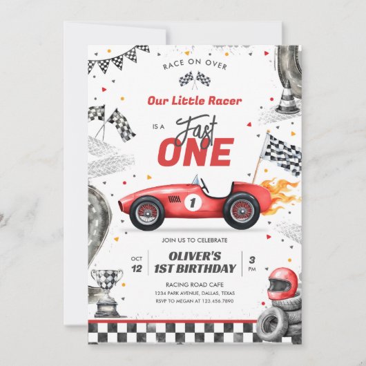 Fast One Race Car Boy 1st Birthday Invitation Kaart (Voorkant)