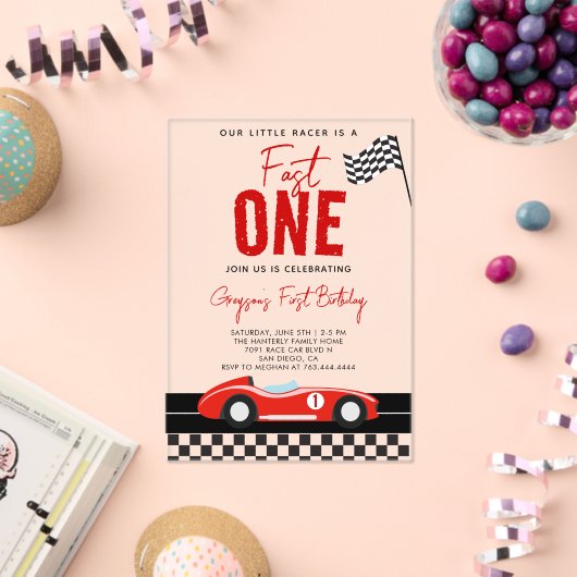 Fast One Race Car Boy 1st Birthday Party Acryl Uitnodigingen (Insitu (Viering))