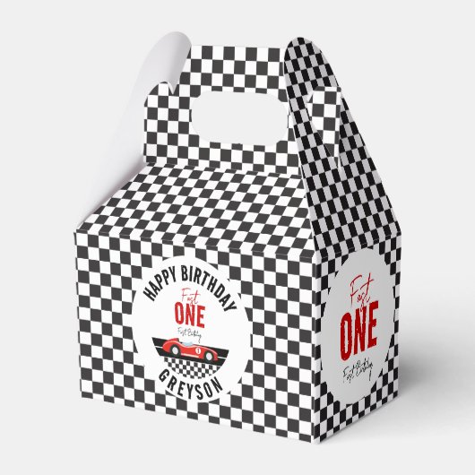 Fast One Race Car Boy 1st Birthday Party Bedankdoosjes (Achterkant)
