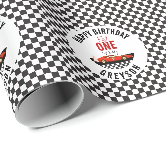 Fast One Race Car Boy 1st Birthday Party Cadeaupapier (Rol Hoek)
