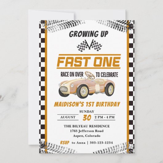 Fast One Race Car Boy 1st Birthday Party Kaart (Voorkant)