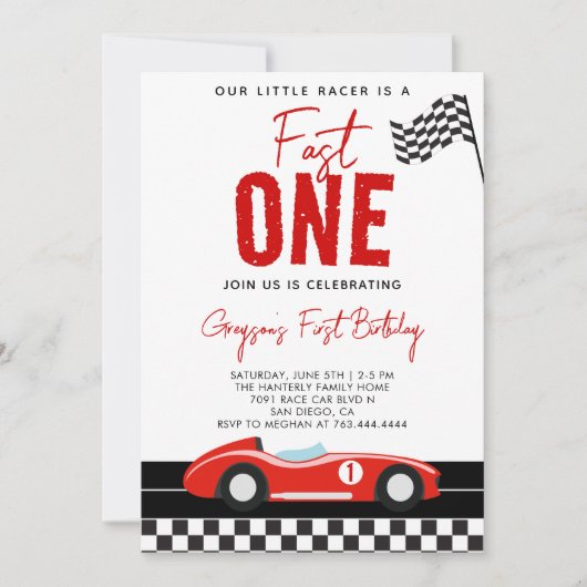 Fast One Race Car Boy 1st Birthday Party Kaart (Voorkant)