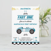 Fast One Race Car Boy 1st Birthday Party Kaart (Staand voorkant)