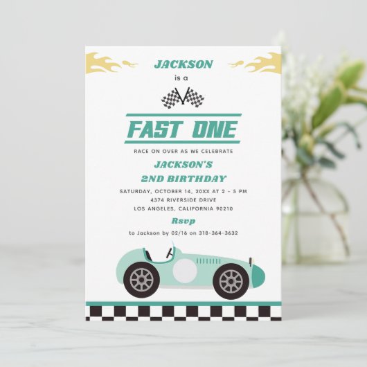 Fast One Race Car Boy 1st Birthday Party Kaart (Staand voorkant)