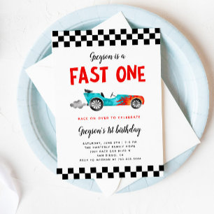 FAST ONE Race Car Boy 1st Birthday Party Kaart