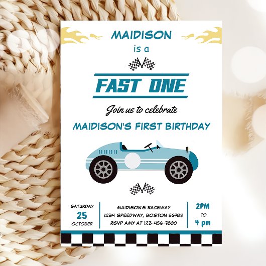 Fast One Race Car Boy 1st Birthday Party Kaart