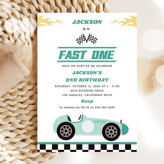 Fast One Race Car Boy 1st Birthday Party Kaart