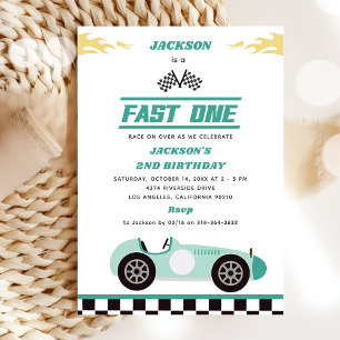 Fast One Race Car Boy 1st Birthday Party Kaart