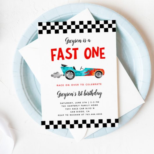 FAST ONE Race Car Boy 1st Birthday Party Kaart