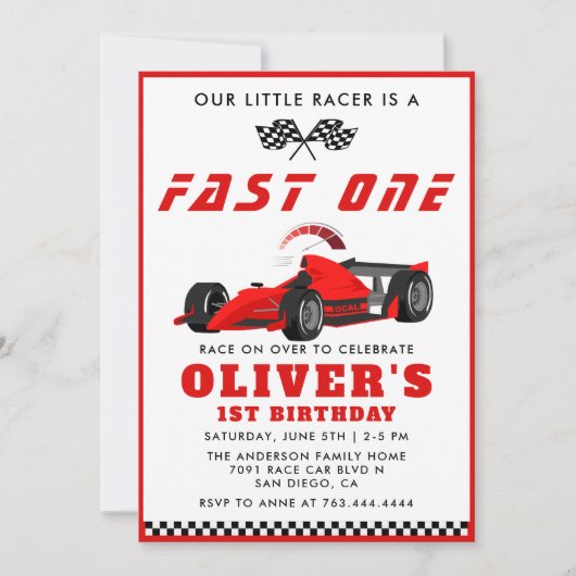 Fast One Race Car Boy 1st Birthday Party Kaart (Voorkant)