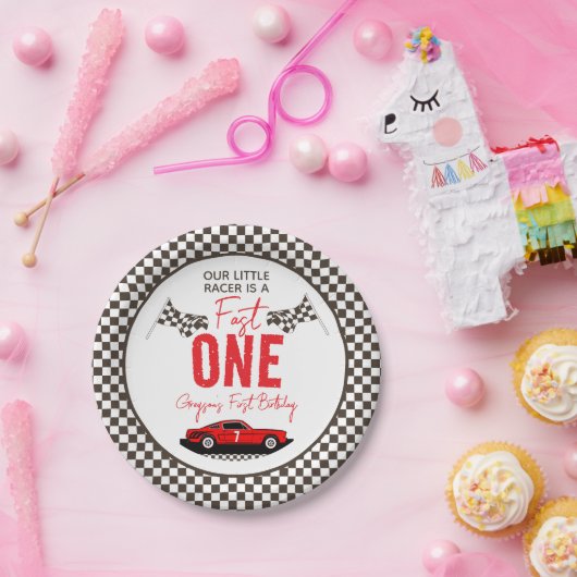 Fast One Race Car Boy 1st Birthday Party Papieren Bordje (Feest)